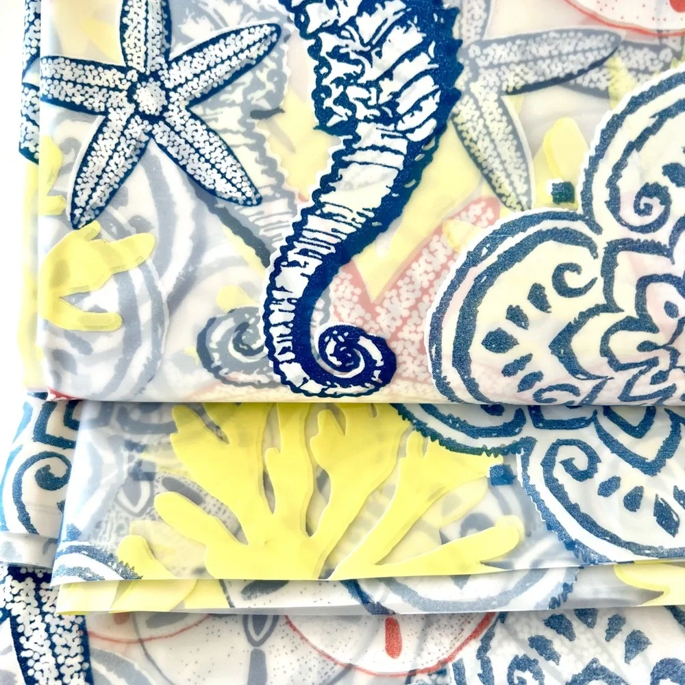 Amalfi Coast Blue Medallions Peva Shower Curtain Shells Seahorse Coral Lemon